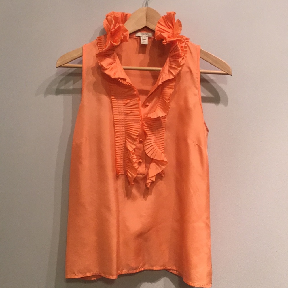 Jcrew orange silk sleeveless shirt with ruffles